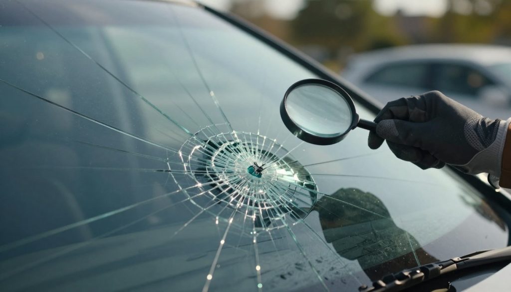 A close-up view of a cracked windshield, showcasing various types of damage including star-shaped cracks and long fissures that highlight hidden vulnerabilities. The foreground features a glimmer of sunlight reflecting off the glass, emphasizing the texture and intricacies of the cracks. In the middle ground, a hand wearing a professional glove inspects the damage closely, with a magnifying glass positioned to reveal the extent of the fractures. The background is slightly blurred, depicting a serene outdoor setting with hints of trees and vehicles, creating a calm atmosphere. The lighting is soft and natural, enhancing the focus on the windshield while conveying a mood of careful examination and discovery. The angle is eye-level, providing an intimate perspective on the damage.