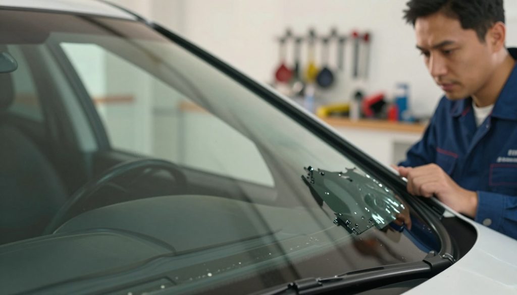 A close-up view of a freshly installed windshield, showcasing the bond strength of the adhesive at the edges. The focus is on the seamless adhesion between the glass and the vehicle frame, with a slight sheen indicating the quality of the adhesive. Soft, natural lighting highlights the details, creating a warm atmosphere that emphasizes safety. In the background, a subtle blur of a well-lit mechanic’s workshop can be seen, with tools and equipment organized neatly. An engineer in professional attire inspects the windshield with a thoughtful expression, symbolizing the importance of proper adhesive curing time. The angle is slightly low, emphasizing the windshield and the engineer in a constructive and safety-conscious environment. A close-up view of a freshly installed windshield, showcasing the bond strength of the adhesive at the edges. The focus is on the seamless adhesion between the glass and the vehicle frame, with a slight sheen indicating the quality of the adhesive. Soft, natural lighting highlights the details, creating a warm atmosphere that emphasizes safety. In the background, a subtle blur of a well-lit mechanic’s workshop can be seen, with tools and equipment organized neatly. An engineer in professional attire inspects the windshield with a thoughtful expression, symbolizing the importance of proper adhesive curing time. The angle is slightly low, emphasizing the windshield and the engineer in a constructive and safety-conscious environment.