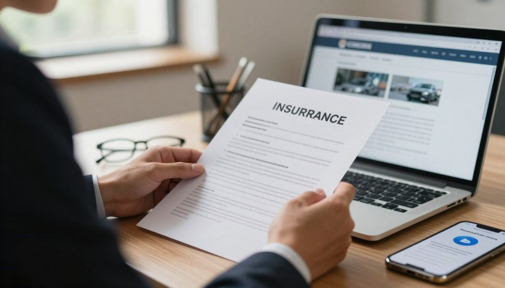 A close-up view of a person in professional business attire, examining an insurance document regarding car damage, specifically focusing on a cracked windshield. The foreground features the person’s hands holding the document, with a pair of glasses resting on the table. In the middle, a laptop displaying a claims portal is partially visible, along with a smartphone showing a notification from an insurance company. The background shows an office setting with soft, natural lighting coming from a nearby window, creating a warm atmosphere. The angle is slightly tilted to emphasize the document and the smartphone, capturing a sense of focus and concern regarding insurance claims related to windshield replacement.