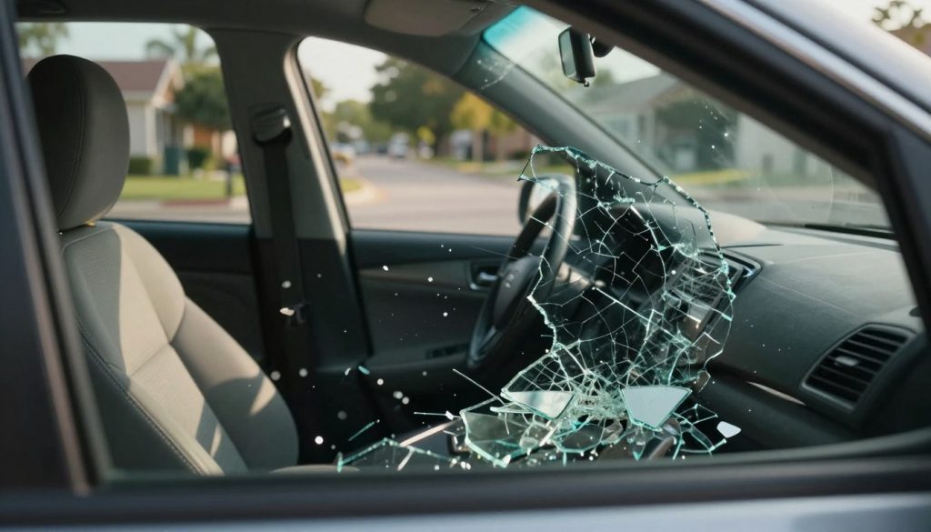 A close-up view of a shattered side window of a car, highlighting the broken glass fragments scattered on the seat and the ground. The foreground features sharp, jagged glass pieces glistening in the sunlight, emphasizing the danger they pose. In the middle, the car's interior is visible with hints of reflective surfaces capturing the sunlight, casting dynamic shadows that enhance the mood of distress. The background shows a blurred suburban street scene in San Antonio, with a few trees and houses, suggesting a common neighborhood setting. Soft, warm lighting enhances the atmosphere of an everyday moment turned hazardous. The image focuses on the safety implications, portraying the aftermath of an unexpected event in a clear, communicative manner.