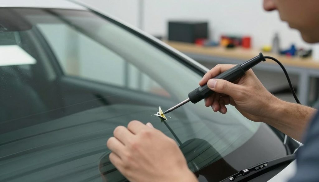 A close-up view of a skilled technician performing windshield repair on a vehicle. In the foreground, focus on the technician's hands holding specialized tools, delicately injecting resin into a small chip on the glass. The chip should be clearly visible, demonstrating the repair process. In the middle ground, show the windshield partially obscured by soft natural light from above, creating a reflective sheen on the glass for detail. The background features a clean, organized workshop with automotive tools and equipment neatly arranged. The atmosphere should feel professional and focused, highlighting the precision and care involved in windshield repair. Use soft, diffuse lighting to create a calm mood, emphasizing the expertise required for this task.