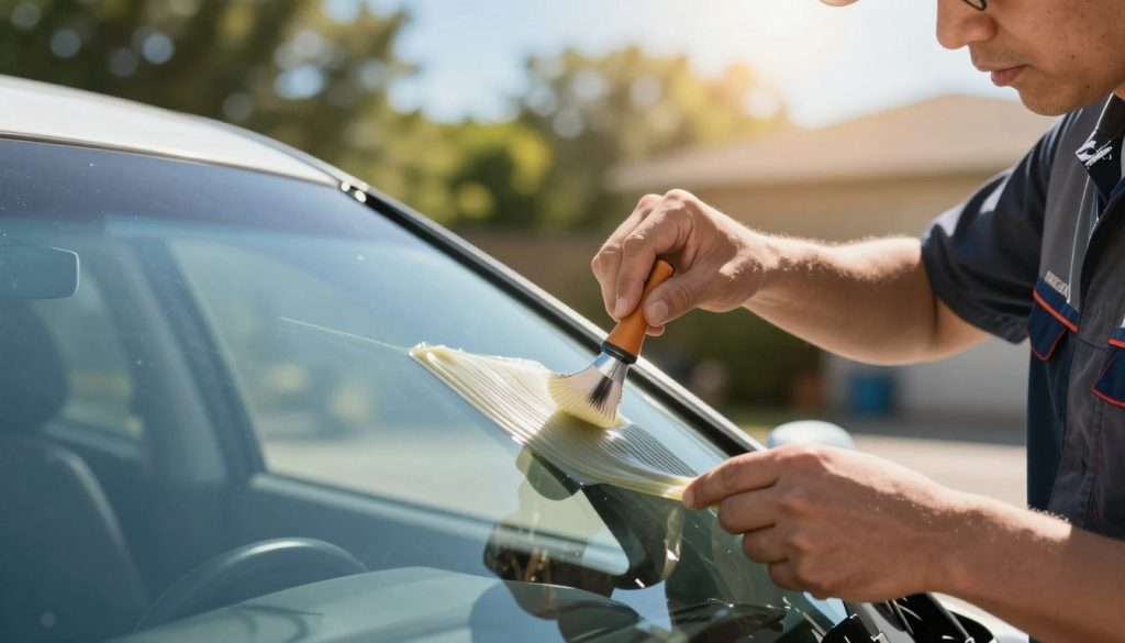 A close-up view of a windshield installation process outdoors on a sunny day, showcasing the curing conditions for adhesive. In the foreground, a professional technician in a neat, branded uniform carefully applies windshield adhesive with precision. The middle layer features the almost-dry adhesive forming a strong bond with the windshield frame, highlighting its texture. In the background, a warm sunlight filters through trees, casting soft shadows on the scene, emphasizing the importance of temperature and humidity in curing. The atmosphere is focused and professional, with clear blue skies suggesting optimal curing conditions. The image should have bright and natural lighting to reflect a refreshing and safe working environment, captured with a shallow depth of field to bring attention to the adhesive application process. A close-up view of a windshield installation process outdoors on a sunny day, showcasing the curing conditions for adhesive. In the foreground, a professional technician in a neat, branded uniform carefully applies windshield adhesive with precision. The middle layer features the almost-dry adhesive forming a strong bond with the windshield frame, highlighting its texture. In the background, a warm sunlight filters through trees, casting soft shadows on the scene, emphasizing the importance of temperature and humidity in curing. The atmosphere is focused and professional, with clear blue skies suggesting optimal curing conditions. The image should have bright and natural lighting to reflect a refreshing and safe working environment, captured with a shallow depth of field to bring attention to the adhesive application process.
