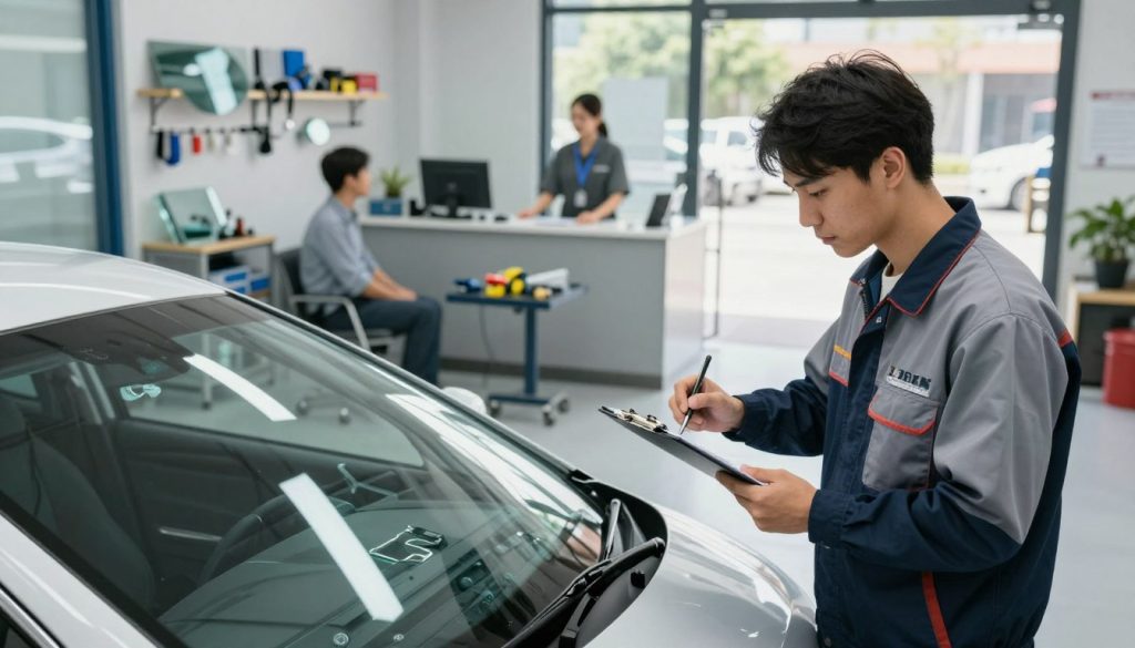 A detailed and organized appointment process scene for auto glass repair or replacement. In the foreground, a professional technician in a clean, branded uniform inspects a damaged windshield, holding a clipboard and tools, conveying readiness and expertise. The middle ground shows a modern auto repair shop with various glass replacement tools and equipment neatly arranged. On the workbench, there are glass panels and safety gear. In the background, a customer sits comfortably in a waiting area, interacting with a friendly receptionist at a help desk. Soft, natural lighting pours in through large windows, creating a welcoming atmosphere. The angle captures a slight perspective from the entrance, emphasizing the organized environment and the importance of the appointment process.