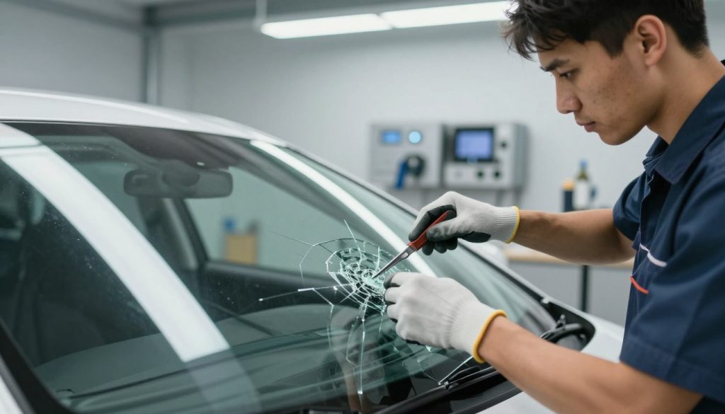 A detailed close-up of a car's windshield being expertly replaced by a professional technician in a clean, well-lit auto glass shop. In the foreground, showcase the technician wearing a safety uniform and gloves, carefully removing the shattered glass with precision tools. In the middle ground, display the pristine replacement windshield, highlighting its clarity and craftsmanship. The background reveals modern equipment and bright overhead lighting that emphasizes a sense of professionalism and safety. Capture the mood of efficiency and care, while ensuring the scene conveys reliability and expertise in auto glass repair, with a focus on the technician’s attentive expression and meticulous work. The image should communicate a calming yet purposeful atmosphere in the shop.