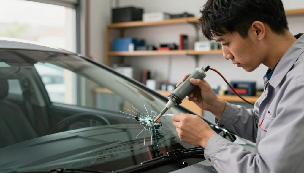 A detailed view of a windshield chip repair process being performed in a well-lit, professional garage. In the foreground, a technician dressed in a clean, professional uniform is focused on repairing a small crack in a windshield using specialized tools, such as an injector and a resin. The middle layer features the windshield with visible chip damage, highlighting the precise application of resin. In the background, soft-focus shelves filled with various auto repair equipment enhance the setting. Natural light streams in through a nearby window, creating a warm and inviting atmosphere, while overcast lighting ensures clarity on the repair process. The angle is slightly elevated to capture both the technician's concentration and the details of the repair.
