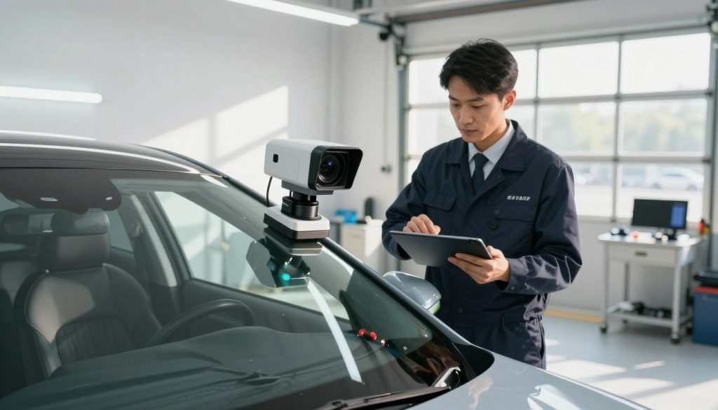 A detailed view of an ADAS calibration windshield setup, showcasing advanced driver-assistance systems technology. In the foreground, focus on a high-tech camera sensor mounted at the top of the windshield, surrounded by calibration equipment. In the middle ground, a professional technician in business attire is calibrating the system with a tablet, ensuring precise alignment. The background features a bright, well-lit automotive service center, with various tools and equipment arranged neatly. The atmosphere is focused and professional, highlighting the significance of safety and accuracy in windshield replacement. Natural daylight streams in from the garage doors, casting soft shadows. The scene captures the essence of modern automotive safety technology. A detailed view of an ADAS calibration windshield setup, showcasing advanced driver-assistance systems technology. In the foreground, focus on a high-tech camera sensor mounted at the top of the windshield, surrounded by calibration equipment. In the middle ground, a professional technician in business attire is calibrating the system with a tablet, ensuring precise alignment. The background features a bright, well-lit automotive service center, with various tools and equipment arranged neatly. The atmosphere is focused and professional, highlighting the significance of safety and accuracy in windshield replacement. Natural daylight streams in from the garage doors, casting soft shadows. The scene captures the essence of modern automotive safety technology.