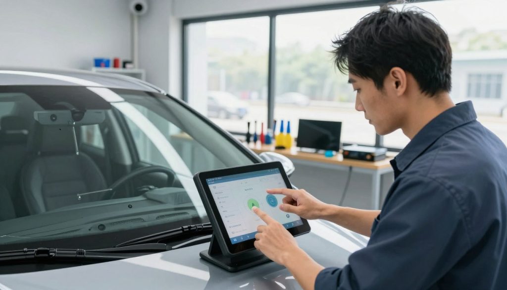 A modern auto glass repair shop interior with a focus on a technician in smart casual attire, actively recalibrating an advanced driver-assistance system (ADAS) using a touchscreen device. In the foreground, showcase the technician's hands interacting with the screen, displaying calibration parameters. The middle ground features a car with its windshield removed, revealing sensors and cameras that need calibration. The background includes tools, safety equipment, and a clear view of the shop's well-organized workspace, illuminated by bright, natural light streaming through large windows, creating a professional and focused atmosphere. The overall mood conveys precision and expertise in the automotive repair process.