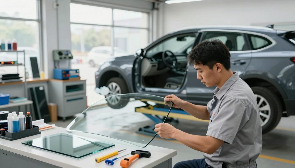A modern auto glass service shop interior showcasing a professional technician in clean, modest work attire replacing a windshield. Foreground features the technician focused on the car, tools and auto glass materials neatly arranged nearby. In the middle, the vehicle is positioned on a hydraulic lift, with the windshield partially removed, revealing intricate details of the car's interior and structure. The background presents a bright, well-lit workshop with various auto glass pieces and equipment neatly organized, conveying a sense of order and professionalism. Soft daylight filters through large windows, creating a welcoming atmosphere. Capture this scene from a slightly elevated angle to emphasize the technician's meticulous work and the clarity of the glass. The overall mood is one of efficiency and expertise in windshield replacement.