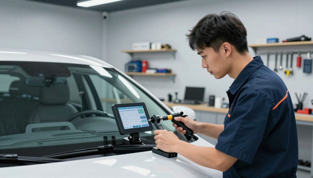 A modern automotive workshop interior, showcasing a technician in professional attire, focused on recalibrating the Advanced Driver-Assistance Systems (ADAS) of a car after a windshield replacement. In the foreground, the technician is using a specialized calibration tool, with a digital display showing real-time data. The middle layer features the car, its front windshield freshly installed and partially covered with calibration equipment. In the background, shelves hold various automotive tools and equipment, softly illuminated by bright workshop lighting. The atmosphere is focused and professional, reflecting a commitment to safety and precision in vehicle maintenance. The angle captures a sense of urgency and technical expertise, highlighting the importance of proper recalibration process. A modern automotive workshop interior, showcasing a technician in professional attire, focused on recalibrating the Advanced Driver-Assistance Systems (ADAS) of a car after a windshield replacement. In the foreground, the technician is using a specialized calibration tool, with a digital display showing real-time data. The middle layer features the car, its front windshield freshly installed and partially covered with calibration equipment. In the background, shelves hold various automotive tools and equipment, softly illuminated by bright workshop lighting. The atmosphere is focused and professional, reflecting a commitment to safety and precision in vehicle maintenance. The angle captures a sense of urgency and technical expertise, highlighting the importance of proper recalibration process.