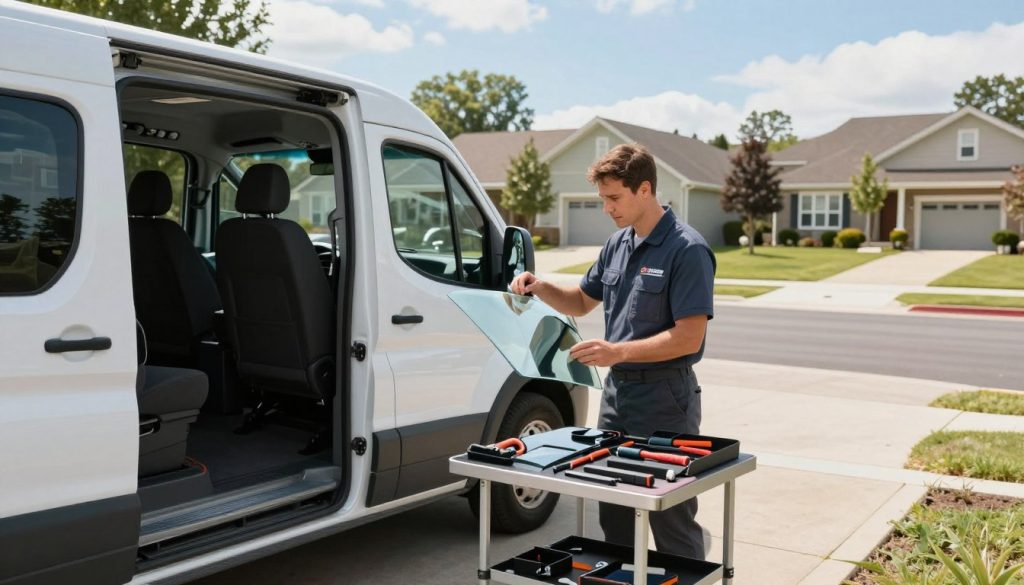 A modern mobile auto glass repair van parked in a residential driveway during the daytime. In the foreground, the van's side door is open, showing a professional technician in a branded uniform inspecting a windshield, highlighting the mobile service aspect. The middle ground features various auto glass tools neatly organized on a portable workbench next to the van. In the background, the suburban neighborhood is visible, with well-kept houses and trees under a bright blue sky. Soft, diffused sunlight illuminates the scene, creating a welcoming and reliable atmosphere. The angle captures both the technician's focused expression and the essential tools of the trade, emphasizing professionalism and convenience in auto glass repairs. A modern mobile auto glass repair van parked in a residential driveway during the daytime. In the foreground, the van's side door is open, showing a professional technician in a branded uniform inspecting a windshield, highlighting the mobile service aspect. The middle ground features various auto glass tools neatly organized on a portable workbench next to the van. In the background, the suburban neighborhood is visible, with well-kept houses and trees under a bright blue sky. Soft, diffused sunlight illuminates the scene, creating a welcoming and reliable atmosphere. The angle captures both the technician's focused expression and the essential tools of the trade, emphasizing professionalism and convenience in auto glass repairs.