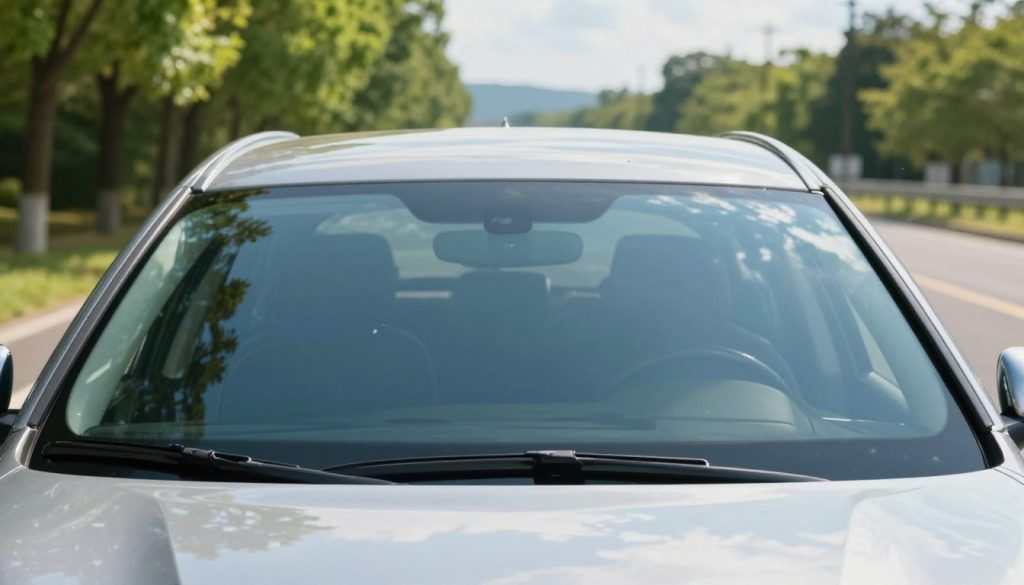 A pristine exterior windshield gleaming under bright midday sunlight, showcasing its perfectly clear surface. In the foreground, the focus is on the polished glass, reflecting a vibrant blue sky with fluffy white clouds. Surrounding the windshield, a hint of a shiny car hood is visible, emphasizing the theme of vehicle maintenance. The middle ground features a scenic road stretching out ahead, inviting the viewer into a clean and unobstructed view of the landscape. Lush green trees line the sides of the road, and a distant horizon provides depth. The overall atmosphere is fresh, bright, and inviting, evoking a sense of cleanliness and clarity that enhances the driving experience. The lighting is natural and bright, casting soft reflections on the windshield, creating an appealing visual balance.