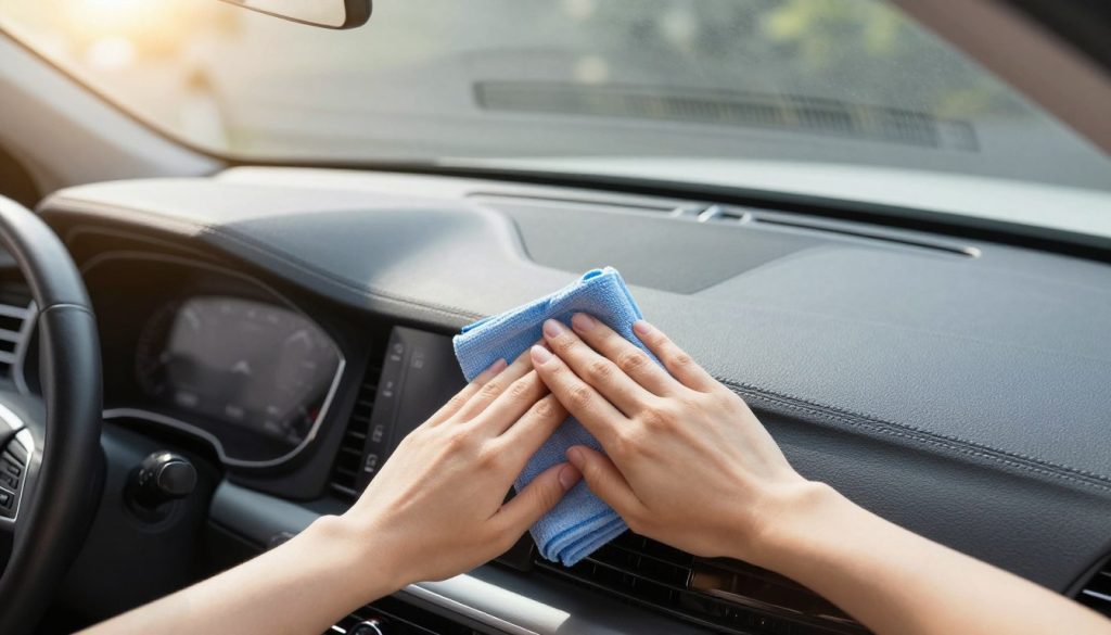 A pristine interior of a modern car, focusing on a spotless windshield and dashboard. The foreground features a close-up view of a hand holding a microfiber cloth, gently cleaning the windshield, showcasing streak-free clarity. In the middle ground, the car's well-maintained interior is visible, with a sleek dashboard and clean upholstery, reflecting a bright and inviting atmosphere. The background displays hints of the outside world through the transparent windshield, allowing soft natural light to filter in, enhancing the cleanliness. The scene is well-lit, mimicking an afternoon sun with a warm glow, evoking a sense of freshness and tidiness. Use a slightly elevated angle to capture the entire setting, ensuring a clear view of the cleaning action. A pristine interior of a modern car, focusing on a spotless windshield and dashboard. The foreground features a close-up view of a hand holding a microfiber cloth, gently cleaning the windshield, showcasing streak-free clarity. In the middle ground, the car's well-maintained interior is visible, with a sleek dashboard and clean upholstery, reflecting a bright and inviting atmosphere. The background displays hints of the outside world through the transparent windshield, allowing soft natural light to filter in, enhancing the cleanliness. The scene is well-lit, mimicking an afternoon sun with a warm glow, evoking a sense of freshness and tidiness. Use a slightly elevated angle to capture the entire setting, ensuring a clear view of the cleaning action.