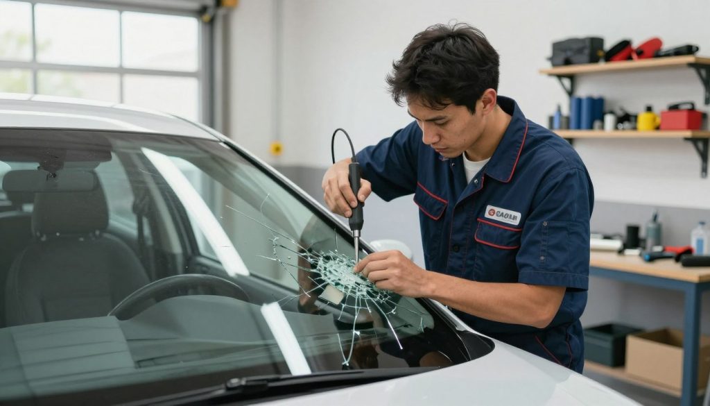 A professional auto glass repair technician in a branded uniform works diligently on a broken car window in a well-lit garage. The technician is focused, using specialized tools to carefully replace a shattered glass panel, showcasing precision and expertise. In the foreground, the shattered glass pieces reflect the ambient light, creating a sense of urgency. The middle ground features the partially repaired car with visible cracks on the remaining glass, and tools scattered on a workbench nearby. The background shows organized shelves with repair equipment and safety gear, contributing to a clean and efficient workshop environment. Natural daylight filters through the garage windows, enhancing the atmosphere of professionalism and prompt service. The overall mood is serious yet hopeful, depicting a critical moment in vehicle repair. A professional auto glass repair technician in a branded uniform works diligently on a broken car window in a well-lit garage. The technician is focused, using specialized tools to carefully replace a shattered glass panel, showcasing precision and expertise. In the foreground, the shattered glass pieces reflect the ambient light, creating a sense of urgency. The middle ground features the partially repaired car with visible cracks on the remaining glass, and tools scattered on a workbench nearby. The background shows organized shelves with repair equipment and safety gear, contributing to a clean and efficient workshop environment. Natural daylight filters through the garage windows, enhancing the atmosphere of professionalism and prompt service. The overall mood is serious yet hopeful, depicting a critical moment in vehicle repair.