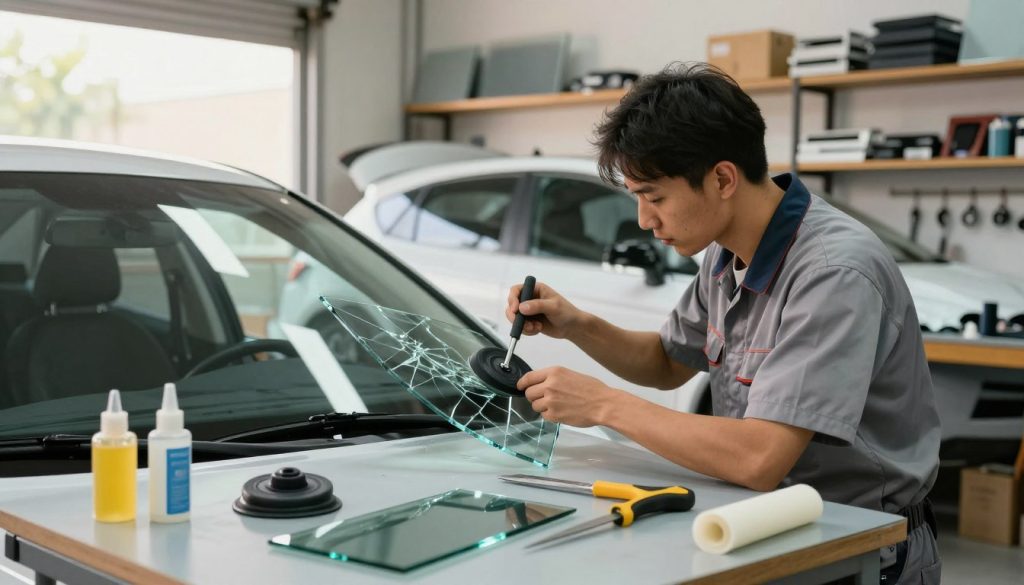 A professional auto glass technician in a neatly organized workshop, wearing a clean uniform, is carefully inspecting the rear window of a vehicle on a workbench. In the foreground, tools such as suction cups, a glass cutter, and adhesive materials are artfully arranged, highlighting their importance in the repair process. The middle ground features the car with an open trunk, and the technician is examining a cracked rear window. In the background, shelves filled with glass panels and auto parts create details that frame the scene. Soft, natural light filters through a nearby window, casting a warm glow over the workspace, and emphasizing the idea of maintenance and care. The atmosphere is calm and professional, illustrating the meticulous nature of auto glass repair and replacement.