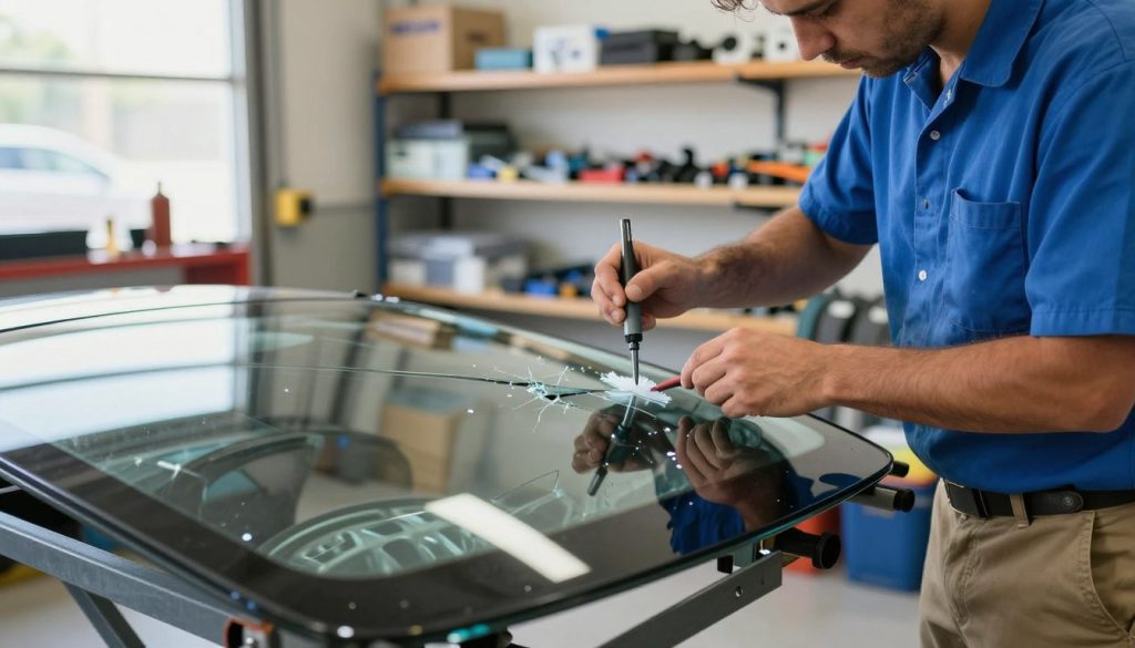 A professional auto glass technician performing a windshield repair in a bright, well-lit garage setting in San Antonio. In the foreground, the technician, wearing a neat blue shirt and khaki pants, is carefully applying a resin to a damaged windshield with precision tools. The middle layer showcases the windshield on a lift, with a clear view of the cracks and chips caused by hail damage. In the background, shelves filled with glass replacement supplies and tools create a functional workshop atmosphere. Soft, natural lighting filters through a nearby window, casting gentle reflections on the glass surface. The mood is focused and industrious, capturing the importance of quality repair work in a professional environment.