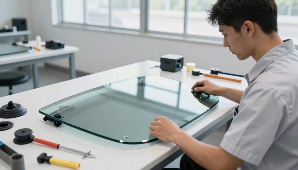 A professional auto glass technician preparing to install a new windshield in a modern workshop. In the foreground, focus on the technician, dressed in a clean uniform, carefully inspecting the replacement glass, ensuring it is free of defects. The middle layer shows a well-equipped workbench filled with tools like suction cups, a glass cutter, and adhesive, capturing the preparation process. In the background, large windows allow natural light to illuminate the space, enhancing the clean, organized atmosphere of the workshop. The scene conveys a sense of professionalism and attention to detail, with soft, even lighting casting minimal shadows to emphasize the technician's focus. The angle is slightly elevated, allowing a comprehensive view of the setup without distractions. A professional auto glass technician preparing to install a new windshield in a modern workshop. In the foreground, focus on the technician, dressed in a clean uniform, carefully inspecting the replacement glass, ensuring it is free of defects. The middle layer shows a well-equipped workbench filled with tools like suction cups, a glass cutter, and adhesive, capturing the preparation process. In the background, large windows allow natural light to illuminate the space, enhancing the clean, organized atmosphere of the workshop. The scene conveys a sense of professionalism and attention to detail, with soft, even lighting casting minimal shadows to emphasize the technician's focus. The angle is slightly elevated, allowing a comprehensive view of the setup without distractions.
