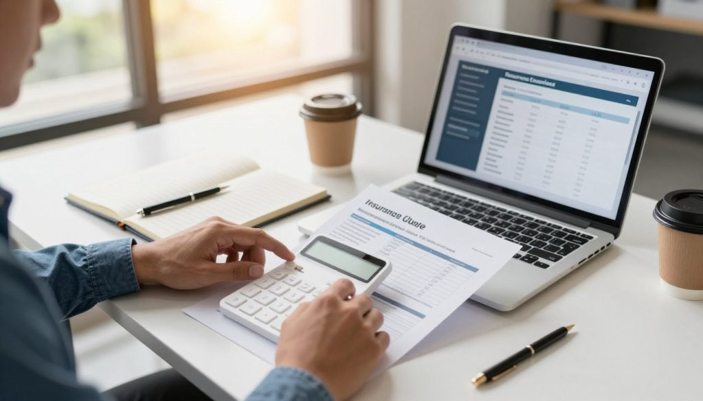 A professional office setting featuring a well-organized desk with a laptop open, displaying a graphical representation of an insurance quote for windshield repair costs. In the foreground, a pair of hands (wearing smart casual attire) is using a calculator while reviewing the quote documents. The middle ground includes an open notepad with detailed notes about insurance coverage options, alongside a coffee cup, suggesting productivity. In the background, a large window allows natural sunlight to stream in, casting a warm and inviting light across the scene. The atmosphere is focused and professional, emphasizing the importance of understanding costs and insurance coverage in the context of automobile maintenance. The image is captured from a slightly elevated angle to provide a comprehensive view of the workspace.