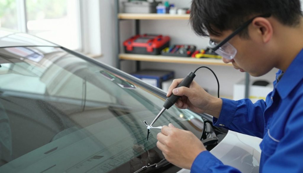 A professional technician in a clean workshop setting carefully performing windshield chip repair. In the foreground, the technician is focused, wearing a blue work uniform and safety goggles while using specialized tools to inject a clear resin into a small chip on a windshield. In the middle ground, a close-up of the damaged windshield shows the intricacies of the chip and the resin application process. The background features shelves stocked with various repair kits and tools, illuminated by bright, natural lighting coming from a nearby window, creating a welcoming and meticulous atmosphere. The image captures the precision and skill involved in professional chip repair, contrasting the chaos of DIY approaches.