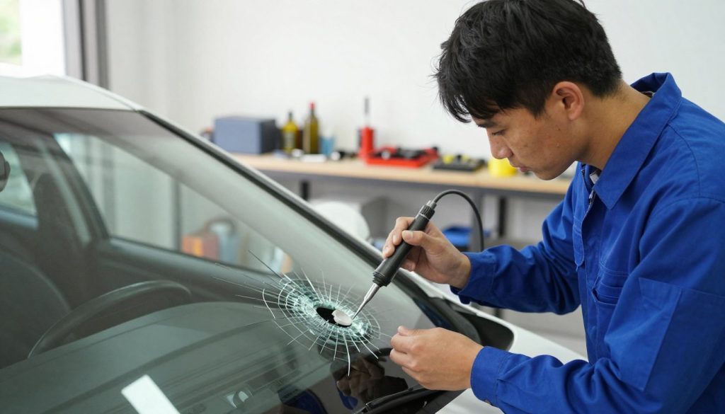 A professional windshield repair technician, dressed in a blue coverall, meticulously examining a cracked windshield under bright, natural lighting. In the foreground, the technician holds a specialized tool, poised to perform the repair. In the middle ground, a damaged car is parked in a well-lit service area, showcasing a clear view of the windshield with visible rock chips. The background features a workshop setting, with tools and equipment neatly arranged on a workbench, enhancing the professional atmosphere. Soft focus adds a sense of calm urgency to the image, emphasizing the importance of timely repair against the risk of further damage. The overall mood is one of professionalism and assurance, capturing the moment before the repair begins.