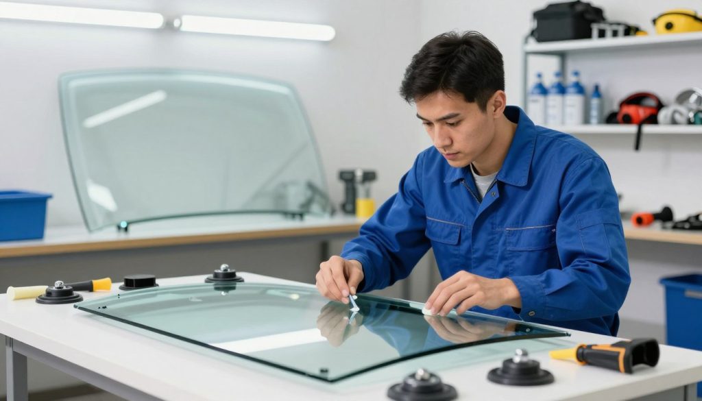 A professional windshield repair technician in a bright garage focused on performing a windshield replacement. The technician, dressed in a blue uniform, examines the windshield, which is partially removed, with various tools scattered around, including suction cups and adhesive. In the middle ground, a pristine, new windshield is displayed prominently against a backdrop of glass repair equipment. The background features a well-lit, organized workspace with shelves holding windshield products and safety gear. The lighting is bright and even, highlighting the clarity of the glass and the technician's concentrated expression, conveying a sense of professionalism. The overall atmosphere is clean and efficient, reflecting a serious and productive work environment. A professional windshield repair technician in a bright garage focused on performing a windshield replacement. The technician, dressed in a blue uniform, examines the windshield, which is partially removed, with various tools scattered around, including suction cups and adhesive. In the middle ground, a pristine, new windshield is displayed prominently against a backdrop of glass repair equipment. The background features a well-lit, organized workspace with shelves holding windshield products and safety gear. The lighting is bright and even, highlighting the clarity of the glass and the technician's concentrated expression, conveying a sense of professionalism. The overall atmosphere is clean and efficient, reflecting a serious and productive work environment.
