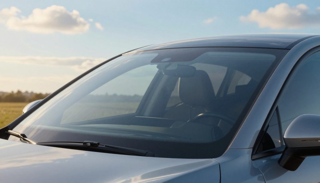 A sleek, modern car parked in a sun-drenched outdoor environment, showcasing its pristine windshield protected by a clear, glossy windshield protection film. The foreground contains a close-up of the film on the windshield, highlighting its smooth texture and reflective surface. In the middle ground, the car's body gleams under warm natural sunlight, enhancing the film's protective qualities. The background features a clear blue sky with a few fluffy clouds, signifying a bright sunny day. The atmosphere conveys a sense of safety and advanced technology, emphasizing the importance of UV protection for automotive glass. Use soft, diffused lighting to create a serene and inviting ambiance, focusing on the windshield's durability and clarity. The angle should be slightly elevated, giving a dynamic view of the car's profile. A sleek, modern car parked in a sun-drenched outdoor environment, showcasing its pristine windshield protected by a clear, glossy windshield protection film. The foreground contains a close-up of the film on the windshield, highlighting its smooth texture and reflective surface. In the middle ground, the car's body gleams under warm natural sunlight, enhancing the film's protective qualities. The background features a clear blue sky with a few fluffy clouds, signifying a bright sunny day. The atmosphere conveys a sense of safety and advanced technology, emphasizing the importance of UV protection for automotive glass. Use soft, diffused lighting to create a serene and inviting ambiance, focusing on the windshield's durability and clarity. The angle should be slightly elevated, giving a dynamic view of the car's profile.