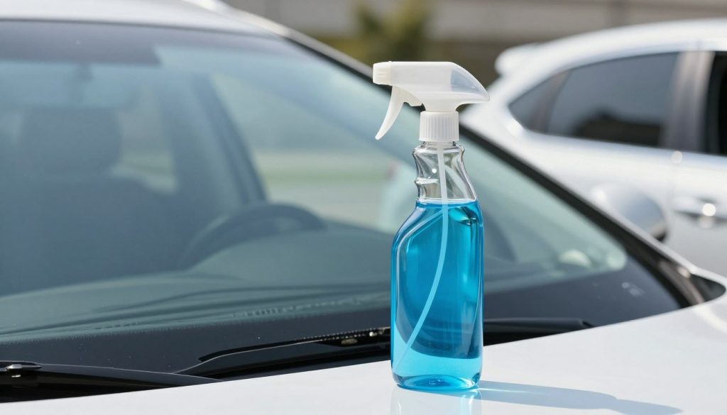 A sleek, modern glass cleaner bottle, prominently placed in the foreground, showcasing a transparent design with a vibrant blue liquid inside. The bottle has a spray nozzle and a label that hints at its eco-friendly formulation. In the middle ground, a clean, streak-free windshield reflects the sunlight, highlighting the clarity and shine achieved with the cleaner. The background features a well-kept car interior, with soft natural light streaming through the windows, creating a fresh and inviting ambiance. The angle captures both the cleaner and the pristine windshield, emphasizing that safety and care go hand in hand. The overall mood is bright, clean, and professional, evoking a sense of reliability and quality. A sleek, modern glass cleaner bottle, prominently placed in the foreground, showcasing a transparent design with a vibrant blue liquid inside. The bottle has a spray nozzle and a label that hints at its eco-friendly formulation. In the middle ground, a clean, streak-free windshield reflects the sunlight, highlighting the clarity and shine achieved with the cleaner. The background features a well-kept car interior, with soft natural light streaming through the windows, creating a fresh and inviting ambiance. The angle captures both the cleaner and the pristine windshield, emphasizing that safety and care go hand in hand. The overall mood is bright, clean, and professional, evoking a sense of reliability and quality.
