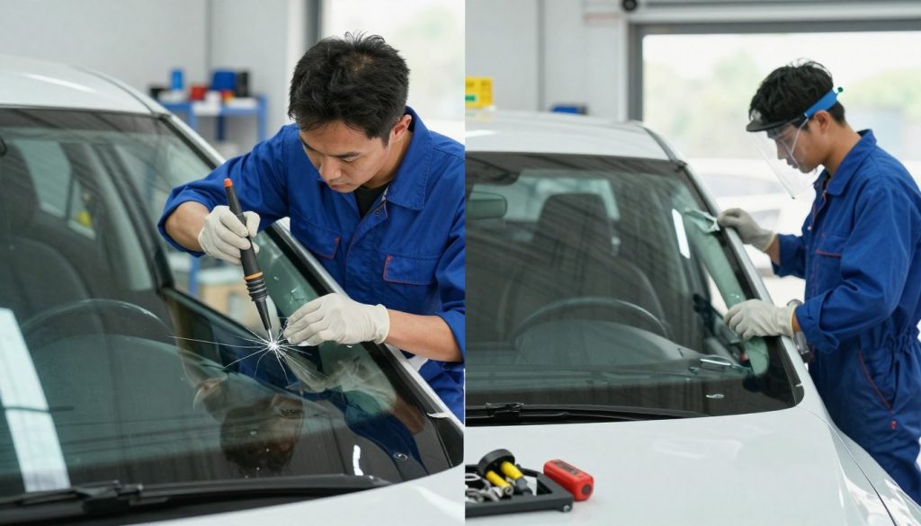 A split image showing windshield repair on the left and full windshield replacement on the right. The foreground features a professional technician in a blue uniform doing a meticulous repair on a small crack in the windshield, using specialized equipment and tools, with a careful expression. The middle ground reveals an intact car on the repair side, while the replacement side shows a technician carefully removing an old windshield with protective gear. The background should depict a bright, modern auto shop with tools and parts organized, and large windows allowing natural light to illuminate the scene. The atmosphere is focused and professional, conveying a sense of attention to detail and quality service.