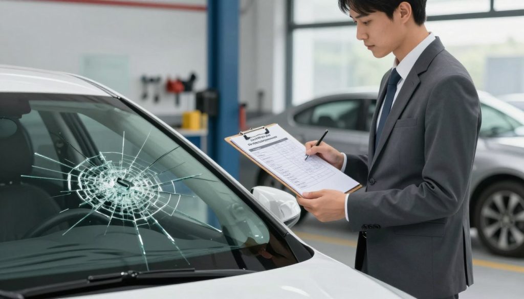 A visually engaging illustration representing "cost factors for glass replacement." In the foreground, display a shattered car window with visible glass shards, subtly emphasizing the context of door glass replacement. The middle ground features a professional-looking person in business attire, examining a clipboard with a detailed quote breakdown, including costs for materials, labor, and additional fees. In the background, a sleek auto repair shop can be seen, with tools and equipment suggesting a busy workspace. Soft, natural lighting spills in from a nearby window, creating a clear view of the scene while adding a sense of calm professionalism. The overall atmosphere should convey clarity and reliability, aiming to inform viewers about the factors influencing glass replacement costs without any text or distractions.
