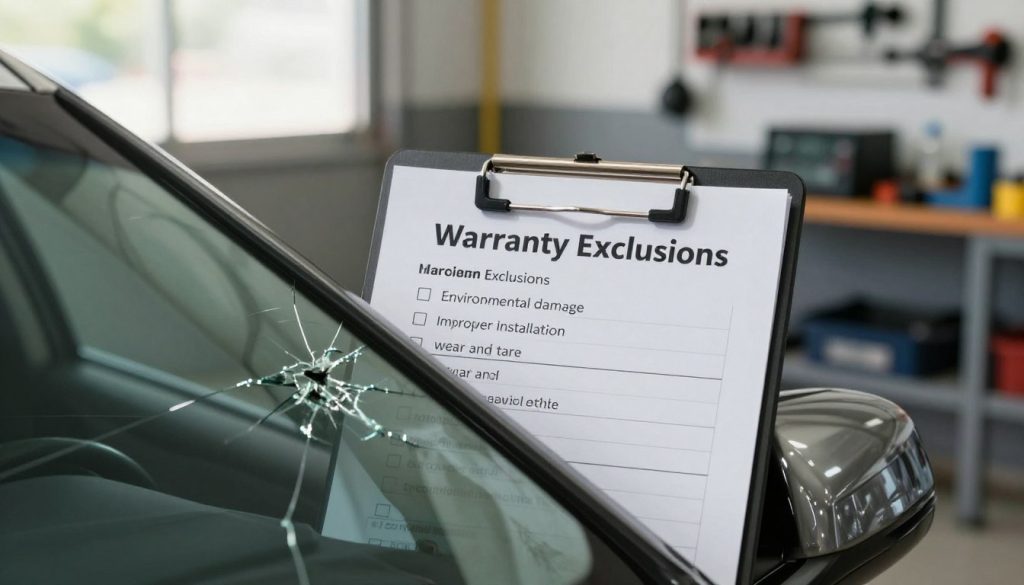 A visually informative scene illustrating warranty exclusions for auto glass. In the foreground, a cracked car windshield with a close-up view, showcasing visible damage. The middle layer features a clipboard with a checklist titled "Warranty Exclusions", detailing common exclusions such as environmental damage, improper installation, and wear and tear, subtly represented. In the background, an auto repair shop with tools and equipment, bathed in natural light filtering through a window. The atmosphere is professional and educational, evoking a sense of reliability and transparency. The image should have a slight depth of field effect, focusing on the clipboard, with soft focus on the background, creating a calm and informative mood.