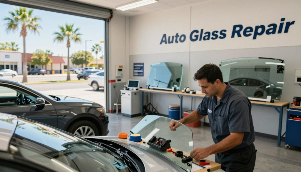 A welcoming auto glass repair shop in San Antonio, featuring a clean, well-organized space. In the foreground, a friendly technician in professional attire inspects a vehicle’s windshield, tools neatly arranged on a workbench nearby. The middle ground showcases a bright, well-lit repair area with modern equipment and freshly repaired windshields displayed. Outside the shop, a few palm trees native to San Antonio swaying gently, hinting at the warm Texas climate. The background features a clear blue sky and the shop's sign with "Auto Glass Repair" prominently displayed, emphasizing local service. The atmosphere should be inviting and professional, with soft natural lighting highlighting the crisp details of the shop. The angle of the scene is slightly elevated, allowing a comprehensive view of the environment. A welcoming auto glass repair shop in San Antonio, featuring a clean, well-organized space. In the foreground, a friendly technician in professional attire inspects a vehicle’s windshield, tools neatly arranged on a workbench nearby. The middle ground showcases a bright, well-lit repair area with modern equipment and freshly repaired windshields displayed. Outside the shop, a few palm trees native to San Antonio swaying gently, hinting at the warm Texas climate. The background features a clear blue sky and the shop's sign with "Auto Glass Repair" prominently displayed, emphasizing local service. The atmosphere should be inviting and professional, with soft natural lighting highlighting the crisp details of the shop. The angle of the scene is slightly elevated, allowing a comprehensive view of the environment.