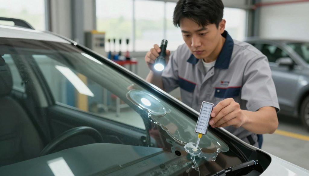 A well-lit close-up image of a freshly installed windshield with glossy adhesive around the edges, highlighting the curing process. In the foreground, show a drip gauge measuring the adhesive cure time, with numbers clearly visible. The middle ground features a mechanic wearing a crisp professional uniform, meticulously inspecting the windshield for leaks with a flashlight, emphasizing attention to detail. The background includes a garage setting, with tools neatly arranged and a faint glimpse of a sedan undergoing maintenance. Soft, natural daylight filters through the garage windows, creating a focused and professional atmosphere, conveying diligence and care in the windshield replacement process. The overall mood is informative and clinical, suitable for an educational context. A well-lit close-up image of a freshly installed windshield with glossy adhesive around the edges, highlighting the curing process. In the foreground, show a drip gauge measuring the adhesive cure time, with numbers clearly visible. The middle ground features a mechanic wearing a crisp professional uniform, meticulously inspecting the windshield for leaks with a flashlight, emphasizing attention to detail. The background includes a garage setting, with tools neatly arranged and a faint glimpse of a sedan undergoing maintenance. Soft, natural daylight filters through the garage windows, creating a focused and professional atmosphere, conveying diligence and care in the windshield replacement process. The overall mood is informative and clinical, suitable for an educational context.