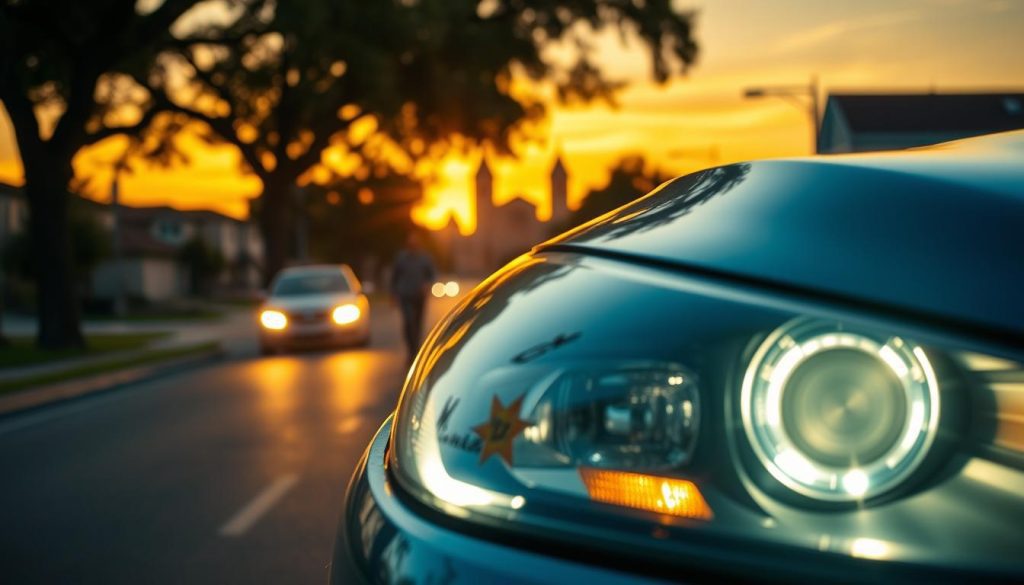 A bright and clear view of a car with newly restored headlights, positioned prominently in the foreground, demonstrating improved visibility. The headlights shine brilliantly under a warm, golden sunset, creating a safe and inviting atmosphere. In the middle ground, a suburban San Antonio street is visible with trees lining the sides, softening the urban landscape. A blurred view of a happy family in casual clothing can be seen near the car, showing their satisfaction and eagerness to drive safely. The background features silhouettes of San Antonio landmarks against a vibrant sky, emphasizing safety and clarity. The lighting accentuates the brilliance of the clear headlights, enhancing the image's overall mood of confidence and security.