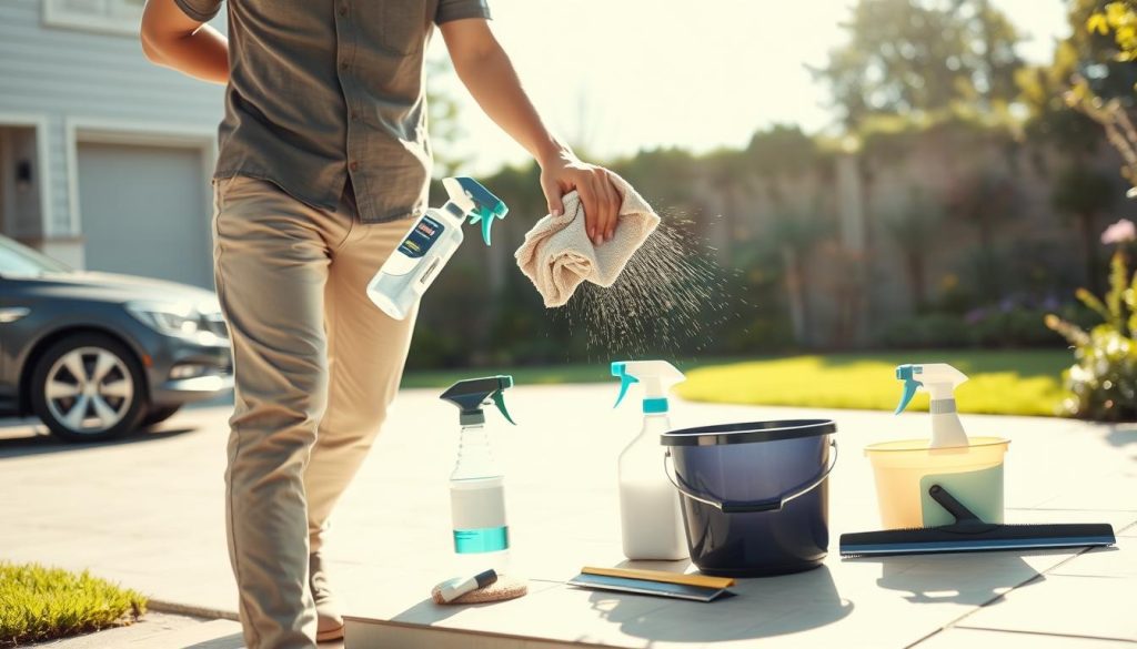A bright, sunlit outdoor scene depicting a serene driveway with a modern car parked on the left, its windows gleaming under the midday sun. In the foreground, a person wearing modest casual clothing is demonstrating effective streak-free cleaning techniques, holding a microfiber cloth in one hand and a spray bottle in the other. In the middle ground, demonstrate various cleaning tools like a squeegee, cleaning solution, and a bucket arranged neatly. The background features a well-maintained garden, emphasizing a clean and tidy atmosphere. Use soft, natural lighting to create a warm and inviting mood, capturing the essence of an ideal car maintenance day. The angle should be slightly elevated, focusing on the cleaning action while still showcasing the sparkling car windows.