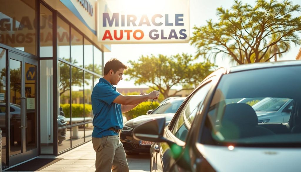 A bustling Miracle Auto Glass location in San Antonio, showcasing a modern, clean storefront with large glass windows reflecting the bright Texas sun. In the foreground, a professional technician in a blue polo and khaki pants is expertly repairing a windshield on a customer’s vehicle, emphasizing the mobile repair service. In the middle ground, several cars are lined up nearby, creating a lively atmosphere of convenience. The background features vibrant greenery and the iconic Texan architecture of San Antonio, enhancing the local flavor. The lighting is bright and cheerful, capturing a sense of efficiency and professionalism, with a slight lens flare from the sun. The overall mood is inviting, reflecting the theme of convenience in fast residential windshield repairs.