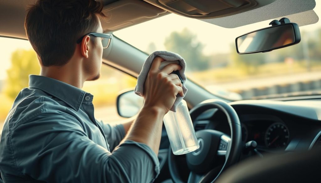 A clean, modern interior of a car with pristine, streak-free windows reflecting sunlight. In the foreground, a professional-looking person wearing smart casual attire is holding a microfiber cloth and a spray bottle, actively cleaning the driver’s side window. The focus is on their precise movements, showcasing the correct technique for a streak-free finish. In the middle ground, a gleaming car dashboard hints at attention to detail, while the background features a bright, sunny outdoor setting, indicating a perfect day for cleaning. Soft, natural lighting is coming from the left, creating highlights and shadows that enhance the reflective surfaces, evoking a fresh, inviting atmosphere ideal for effective cleaning tips.