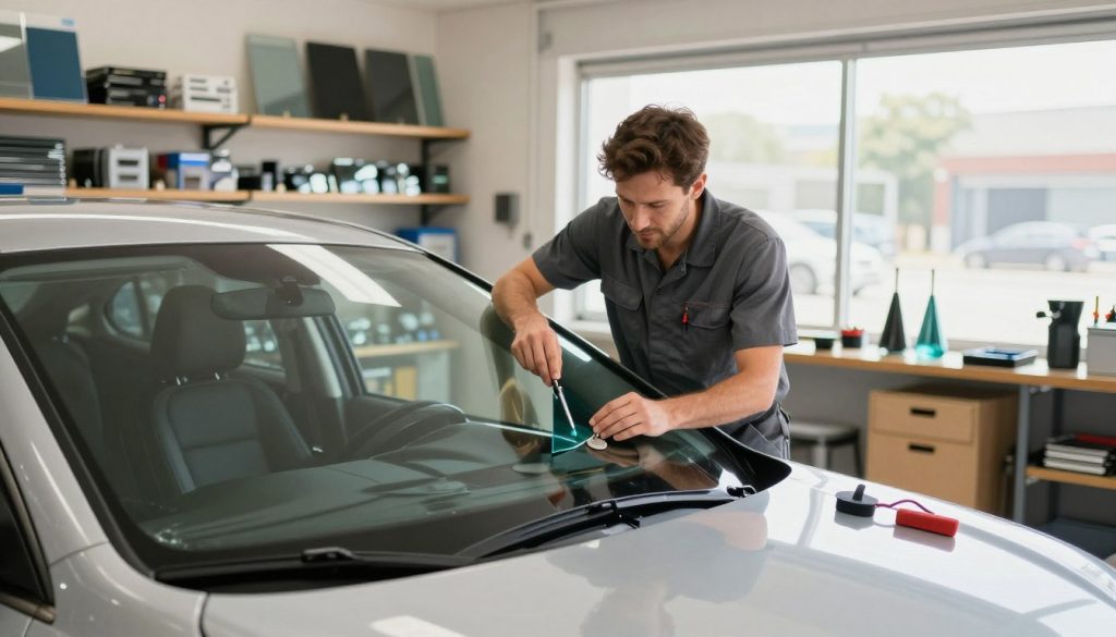 A clean, well-lit auto glass service shop interior, focusing on a skilled technician in professional attire examining a vehicle's windshield, highlighting tools and equipment like glass repair kits and suction cups on a nearby workbench. In the foreground, a polished car with an intact windshield is prominently displayed, while the technician inspects the glass closely in the middle. In the background, shelves stocked with various auto glass parts and a large window allowing natural light to stream in, creating a bright, inviting atmosphere. The image conveys professionalism, trust, and the importance of regular windshield inspections, with a warm, friendly mood. The composition is framed at eye level, enhancing the sense of connection with the viewer.