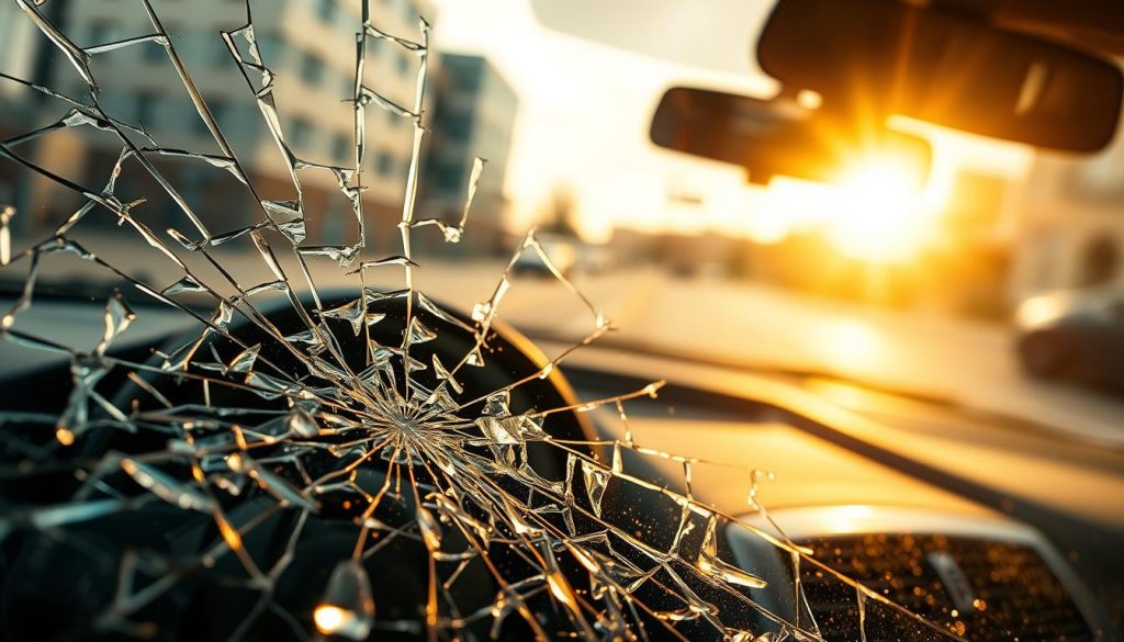 A close-up of a cracked car windshield showcasing the intricate details of the shattered glass, with sharp edges and a mosaic of glossy fragments. In the foreground, a transparent layer of glass debris glimmers under soft, diffuse sunlight, casting reflections. The middle ground features the car's dashboard, hinting at the interior environment, while the background subtly includes a blurred street scene to suggest urban context. The lighting is warm, evoking a sense of tension and unease, as if the scene is a focal point of a legal issue. The overall atmosphere conveys seriousness and concern, emphasizing the importance of structural integrity in automotive safety.