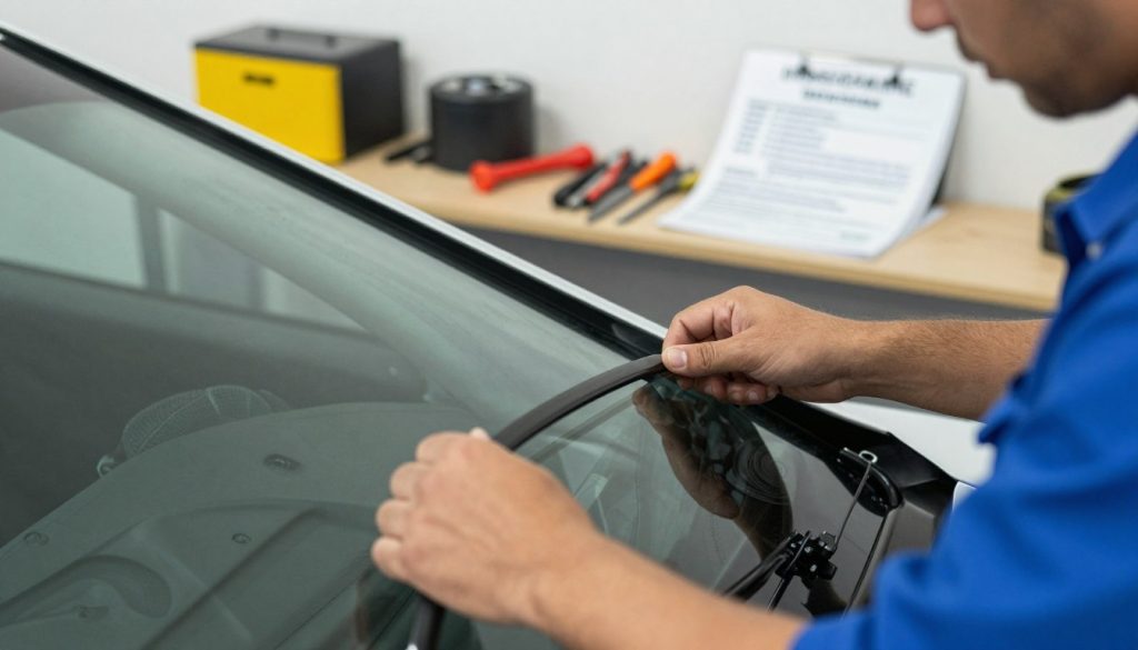 A close-up view of a car windshield being replaced in a well-lit auto repair garage. In the foreground, show a technician in a blue uniform, carefully handling the new windshield, emphasizing precision and care. The middle ground features tools and equipment neatly organized on a workbench, showcasing a professional environment. In the background, a soft-focus of insurance policy documents spread on a table, hinting at the intersection of auto insurance and warranty coverage. Use bright, natural lighting to create a warm and inviting atmosphere, capturing the meticulous nature of the work. Angle the shot slightly above the technician to create a sense of depth, focusing on the action of the replacement process, conveying professionalism and trust in auto insurance.