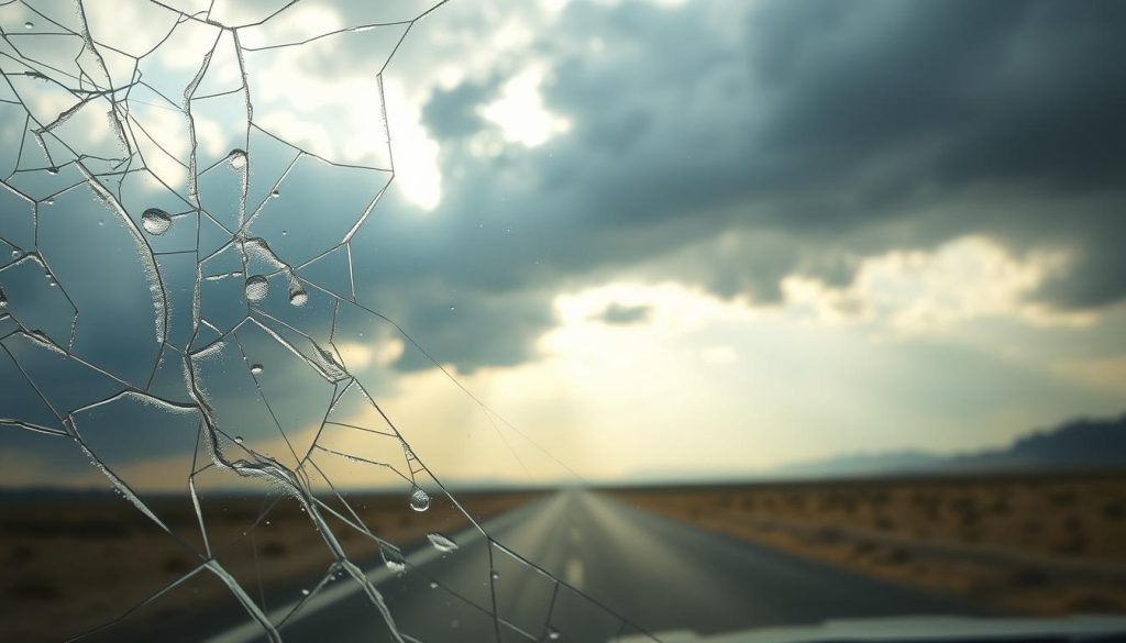 A close-up view of a car windshield displaying various environmental factors affecting its integrity. In the foreground, focus on cracked glass with frost and water droplets partially obscuring the view, symbolizing moisture and temperature fluctuations in Texas. In the middle ground, depict sunlight filtering through ominous clouds, casting a dramatic light on the windshield. Show a faint outline of a desert landscape, highlighting extreme temperatures and dry conditions in the background. The atmosphere should feel tense yet enlightening, capturing the essence of environmental challenges on car maintenance in tumultuous weather. Use soft, diffused lighting to emphasize the windshield's texture, with a shallow depth of field to blur the background slightly, keeping attention on the cracks.