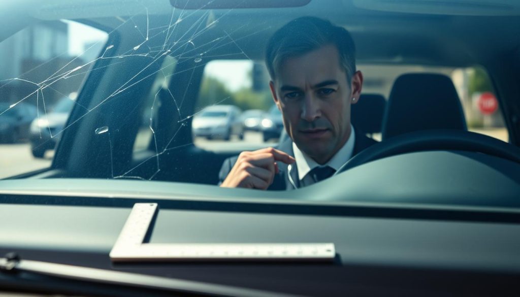 A close-up view of a car windshield displaying various types of damage such as cracks and chips, emphasizing the importance of visibility in safe driving. In the foreground, focus on measurement tools like a ruler and a caliper placed gently on the windshield, indicating the assessment process. The middle ground features a professional wearing a crisp business attire, examining the windshield with a serious expression, ensuring they appear knowledgeable and focused. In the background, a blurred city street can be seen, hinting at the driving environment in Texas. The lighting is bright and natural, simulating a clear sunny day, enhancing visibility. The atmosphere conveys a sense of professionalism and urgency to maintain safety standards on the road.