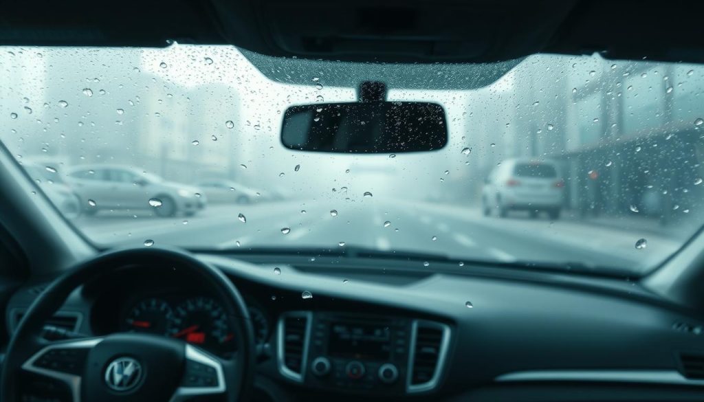 A close-up view of a car's windshield with significant fogging on the interior surface, depicting condensation build-up. In the foreground, droplets of moisture cling to the glass, refracting light to create a soft, diffused effect. The middle layer shows a glimpse of the vehicle's dashboard, neatly organized with a modern design and subtle reflections from ambient light sources, like the dashboard lights and console. The background features an indistinct urban landscape as viewed through the foggy glass, creating a sense of depth. The scene should be lit naturally, with soft daylight streaming in, giving the impression of a chilly morning. The overall mood is one of quiet contemplation, focusing on the importance of understanding fog formation on windshields.