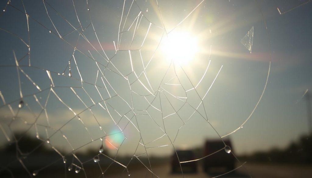 A close-up view of a cracked windshield, showcasing the intricate patterns formed due to temperature changes. The glass is slightly fogged up, hinting at a hot summer day in Texas. In the foreground, droplets of sweat beads on the glass, emphasizing the extreme heat. In the background, a bright, glaring sun is positioned high in the sky, casting harsh light that creates reflections on the glass surface. The image captures the tension between the sunny atmosphere and the fragile state of the glass. The angle should be slightly tilted to enhance the dramatic effect of the cracks, while a soft focus around the edges creates a sense of urgency and importance, illustrating the key role of temperature changes in glass damage.