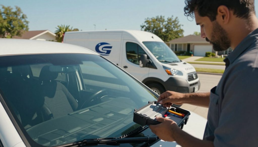 A close-up view of a mobile windshield repair van parked in a suburban San Antonio neighborhood, with a technician in a professional uniform examining a windshield. The foreground features the technician interacting with a small repair kit, emphasizing the precision of the repair work. In the middle ground, the van is clearly branded with a logo and equipped with visible tools, while the background showcases a sunny day with a clear blue sky, and nearby residential homes. Soft, natural lighting creates a welcoming atmosphere, casting gentle shadows. The angle is slightly elevated, providing a comprehensive view of the scene, highlighting the convenience of mobile windshield repair services. A close-up view of a mobile windshield repair van parked in a suburban San Antonio neighborhood, with a technician in a professional uniform examining a windshield. The foreground features the technician interacting with a small repair kit, emphasizing the precision of the repair work. In the middle ground, the van is clearly branded with a logo and equipped with visible tools, while the background showcases a sunny day with a clear blue sky, and nearby residential homes. Soft, natural lighting creates a welcoming atmosphere, casting gentle shadows. The angle is slightly elevated, providing a comprehensive view of the scene, highlighting the convenience of mobile windshield repair services.