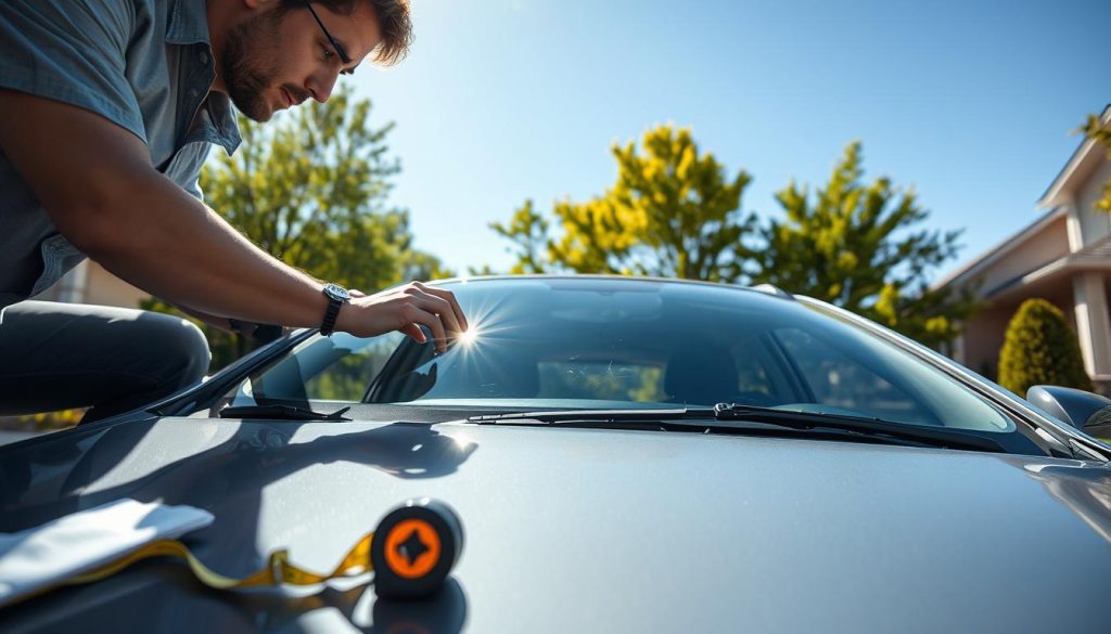 A close-up view of a person performing a DIY windshield self-inspection on a sunny day. The foreground shows a person in casual yet professional attire, kneeling beside a car with one hand examining the windshield for cracks or chips. In the middle, the car's front windshield is visibly clean, with sunlight glinting off its surface, revealing potential flaws like small scratches or dirt. Tools such as a measuring tape and a clean cloth are nearby. The background features a suburban driveway with green trees and a clear blue sky, emphasizing a safe and welcoming atmosphere. The lighting is bright and natural, highlighting the details of the windshield and the person's focused expression, conveying a mood of diligence and care.