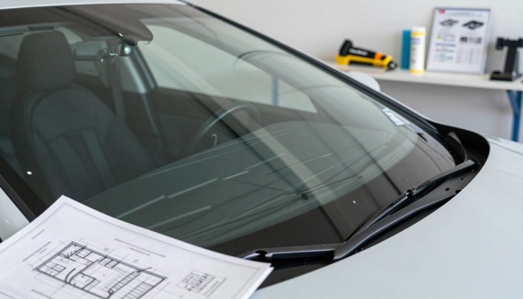 A close-up view of a pristine installation of windshield glass, highlighting its clear, flawless surface and precise fit within the frame of a vehicle. In the foreground, blueprints of installation specifications are subtly included, illustrating the importance of quality. The middle ground features a sleek, modern car with sunlight reflecting off the windshield, casting intricate patterns of light. In the background, a workshop environment subtly showcases tools like a glass cutter, adhesive, and a windshield installation manual, hinting at the craftsmanship involved. The lighting is bright and natural, emphasizing clarity and transparency, creating an atmosphere of professionalism and attention to detail. The angle captures both the windshield and elements of installation, conveying the hidden complexities and potential pitfalls of improper handling.