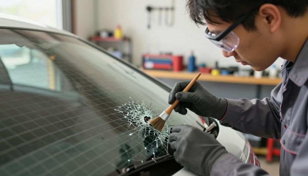 A close-up view of a professional technician carefully repairing a rear window defroster grid. In the foreground, the technician is focused on applying a specialized repair solution to a visible break in the grid lines, wearing protective goggles and gloves, and dressed in a modest, professional outfit. In the middle, the shattered rear window with the grid clearly visible, showcasing its intricate pattern and the repair being made with a fine brush. The background features a well-organized garage with tools and equipment, illuminated by bright, natural light streaming in, creating a warm and inviting atmosphere. The angle captures the intricacies of the repair process, emphasizing safety and precision.