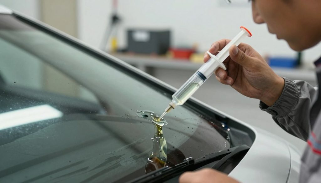 A close-up view of a professional technician in a modest work uniform carefully applying a clear, viscous resin into a windshield chip, showcasing the precision of the repair process. In the foreground, focus on the technician's hand holding a syringe-like applicator, with resin glistening under bright, natural lighting. The middle layer features the windshield, revealing the chip and surrounding dirt particles, indicating the effect of moisture exposure. In the background, a blurred automotive workshop setting with tools and equipment enhances the context. The atmosphere conveys a sense of urgency and expertise, emphasizing the importance of timely repairs in maintaining windshield integrity. The lighting should be bright and clear, simulating daylight for an authentic feel.