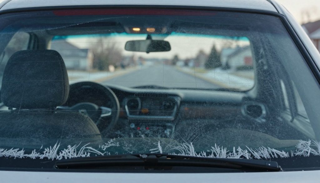 A close-up view of a rear window of a modern car, showcasing the intricate defroster wire patterns on the glass. The window is partially fogged on the outside, highlighting the defroster's importance for visibility. In the foreground, there are delicate frost patterns on the edges of the window, contrasting with the clear center. The middle ground features the car’s dashboard and rear view mirror, with soft ambient lighting illuminating the interior, suggesting a cool morning atmosphere. In the background, a blurred suburban landscape is subtly visible through the glass, creating a sense of depth. The mood is informative yet calm, emphasizing the functional aspect of the defroster in everyday life.