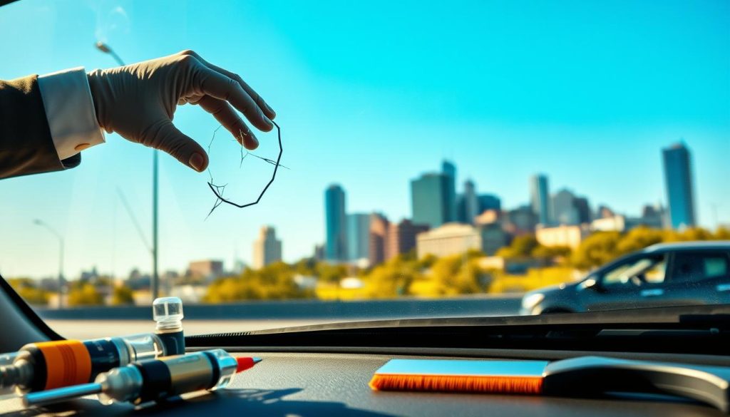 A close-up view of a transparent auto windshield being inspected by a professional wearing business attire, with clear reflections of urban Texas surroundings in the glass. In the foreground, tools for windshield repair, like resin injectors and a squeegee, are artistically arranged. The middle ground features the vibrant skyline of a Texas city, bathed in warm sunlight, suggesting a friendly and hopeful atmosphere. In the background, a car is parked under a clear blue sky, emphasizing the importance of auto insurance coverage. The lighting is bright and natural, casting soft shadows that enhance details. Overall, the image conveys a sense of reliability and professionalism in the context of windshield repair insurance policies.