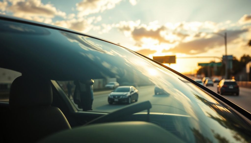 A close-up view of a well-maintained auto glass under the bright San Antonio sun, showcasing its clarity and integrity. In the foreground, a professional technician, dressed in a crisp uniform, inspects the windshield, using a digital tool to check for any imperfections. The middle ground features a bustling San Antonio road with a few cars navigating through typical traffic, outlining the urban environment. In the background, the characteristic warm hues of a Texas sunset blend with a partly cloudy sky, reflecting the unique climate of the region. The lighting is bright with natural sunlight casting soft shadows, creating a sense of optimism and readiness for quick windshield repairs. The overall atmosphere conveys professionalism, efficiency, and awareness of the local conditions impacting auto glass integrity.